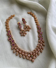 Stone Leaf Motif Necklace With Earrings