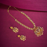 Red matte long dull gold finish floral necklace and jhumkas