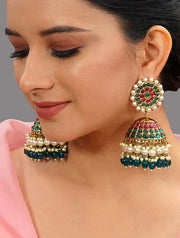 Green Red Gold Tone Jhumki Earrings