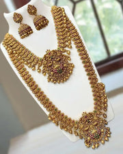 Gold Matte Finish Big Necklace with Small Necklace Jewellery Set with Earrings