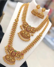 Gold Matte Plated Big Necklace with Small Necklace Jewellery Set with Earrings