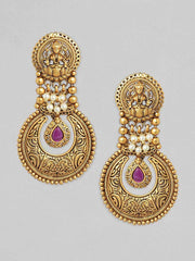 Gold Plated Handcrafted Filigree & Pink Stone Temple Drop Earrings