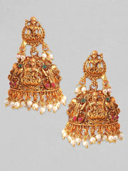 Devine Lakshmi With Red And Green Stone White Pearls Jhumka Earrings